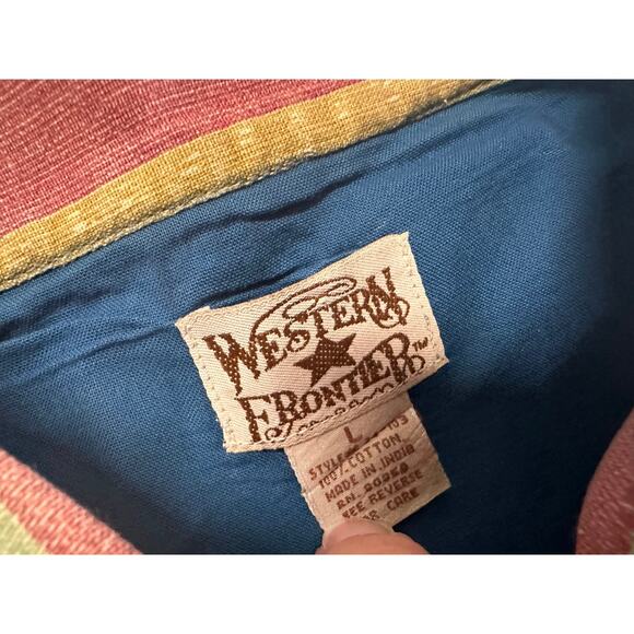 VTG Western Cowboy Retro Button Shirt Men Large Aztec 90s Stripes Stain Starched - Picture 2 of 12